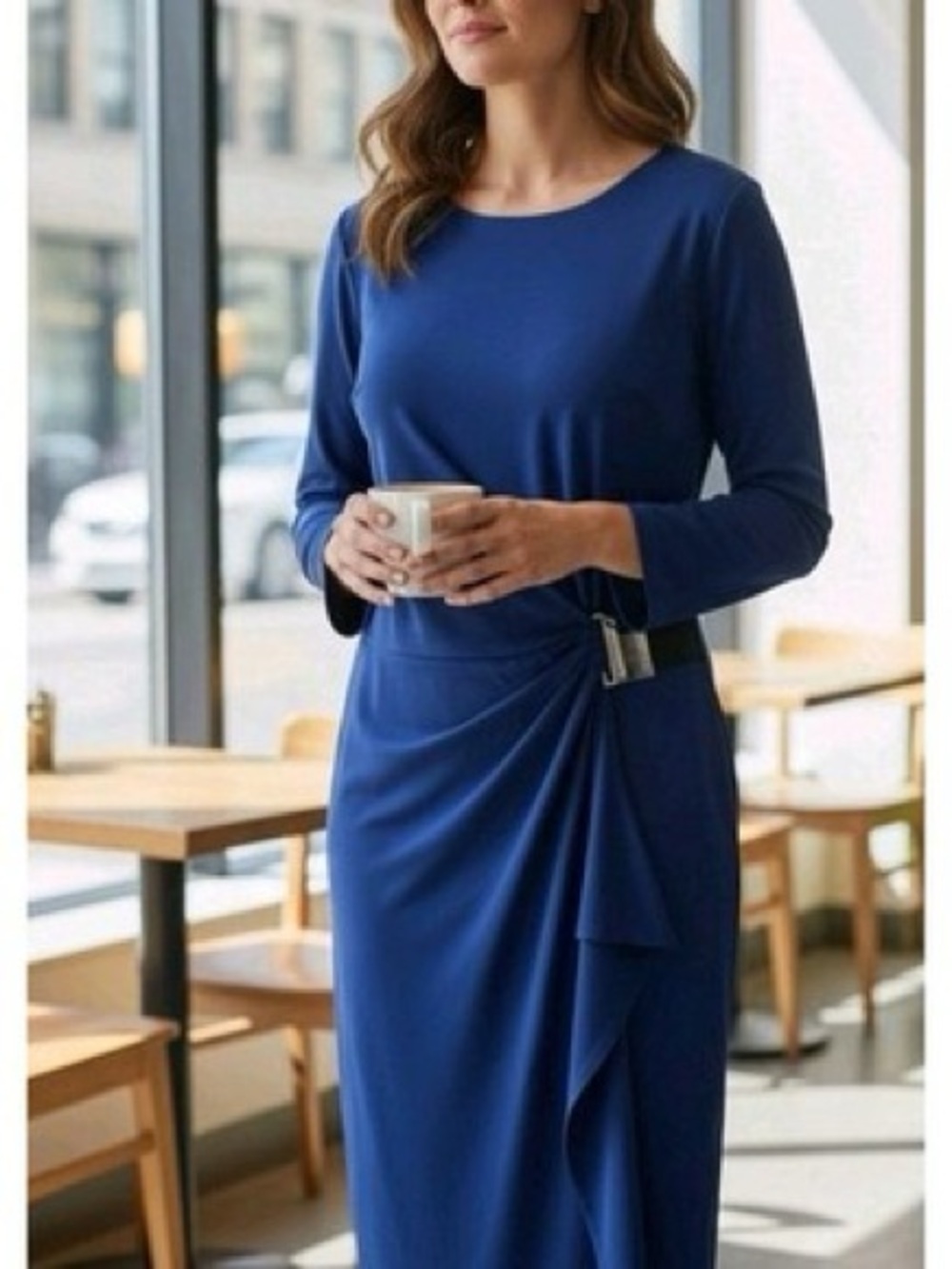 Michael Kors Royal Blue Long-Sleeve Draped Midi Dress with Buckle